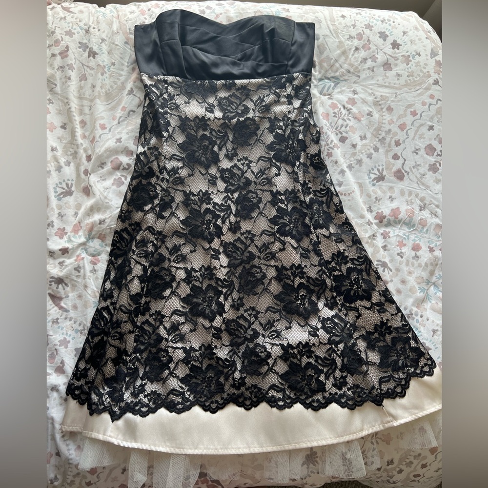 Tahari Black Lace Overlay Dress with bow detail in back